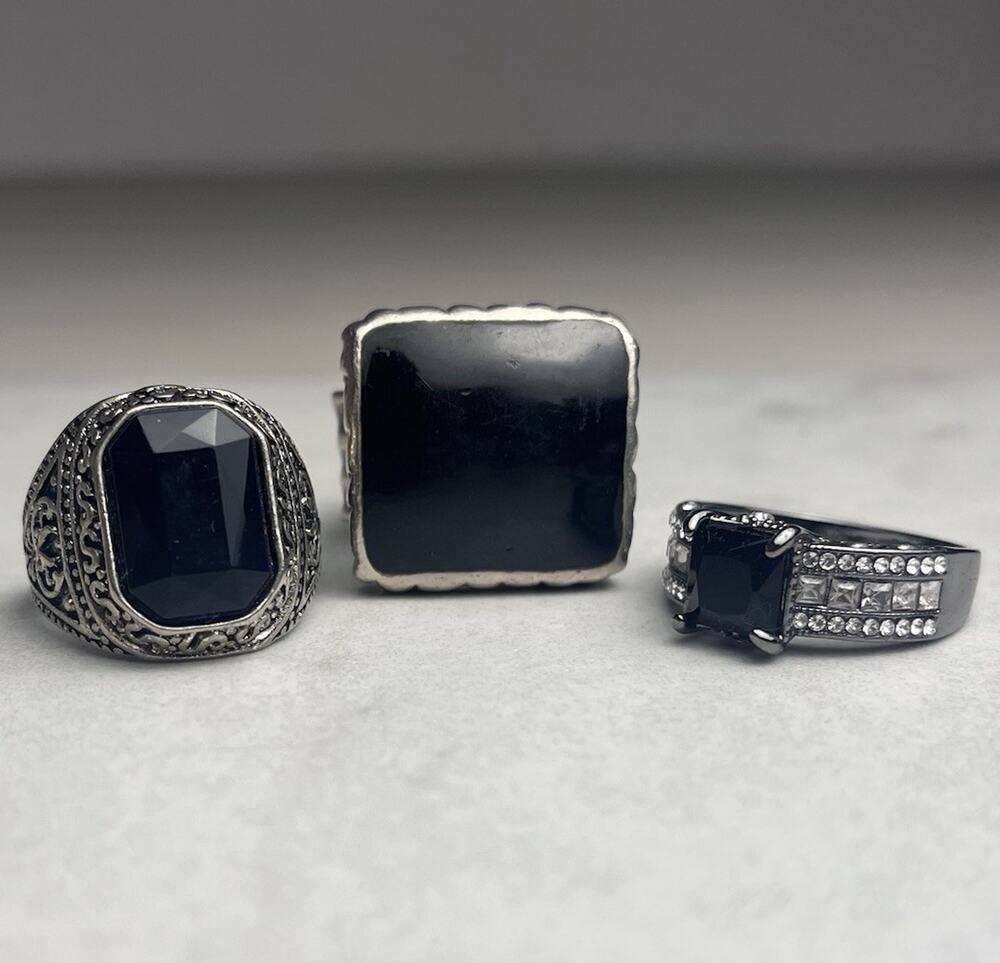 Chunky Black Ring Lot of 3 Rhinestone Biker Silver Tone Gunmetal Costume Jewelry